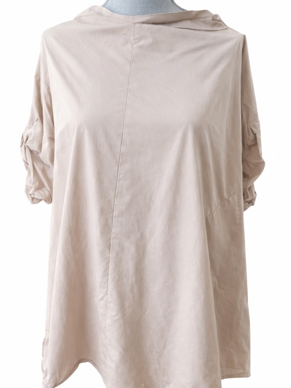 Gracia Oversized Cotton Tunic Top Beige Open Back Roll Sleeve Boho Size L